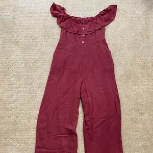 Lulus - June Bloom Burgundy Off-the-Shoulder Culotte Jumpsuit